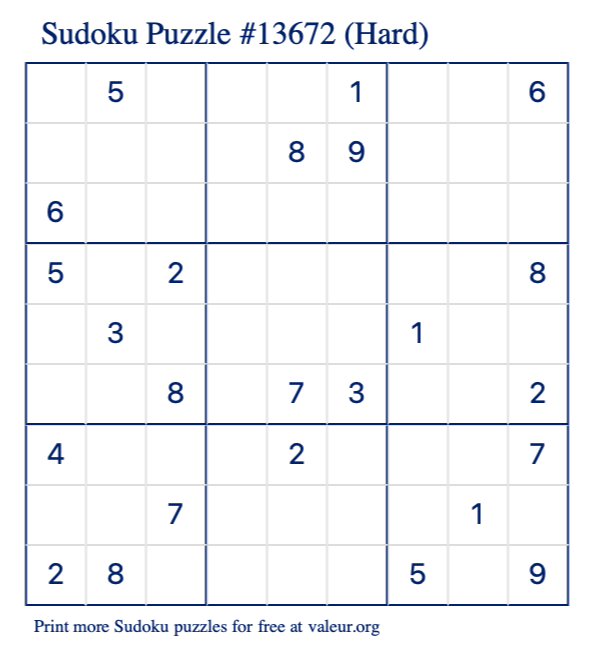 Free Printable Hard Sudoku Puzzle number 13672