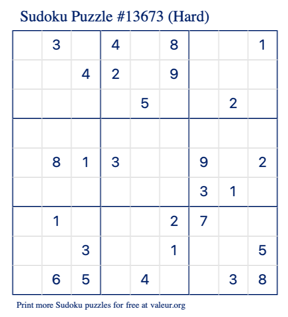 Free Printable Hard Sudoku Puzzle number 13673