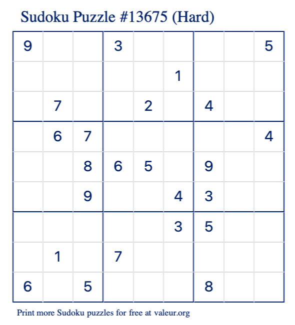 Free Printable Hard Sudoku Puzzle number 13675