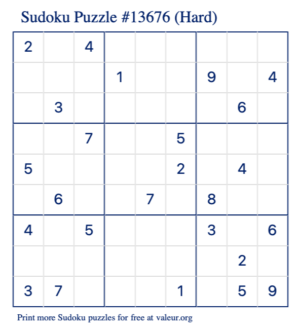Free Printable Hard Sudoku Puzzle number 13676