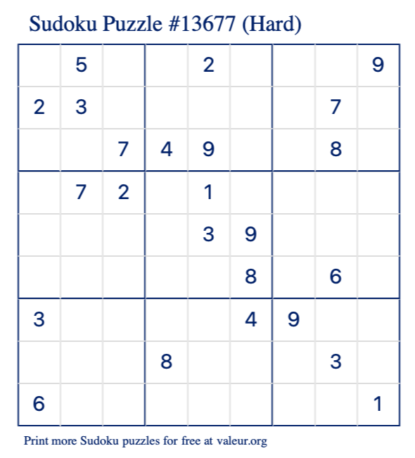 Free Printable Hard Sudoku Puzzle number 13677