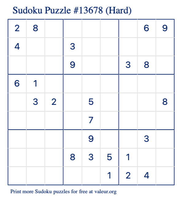 Free Printable Hard Sudoku Puzzle number 13678