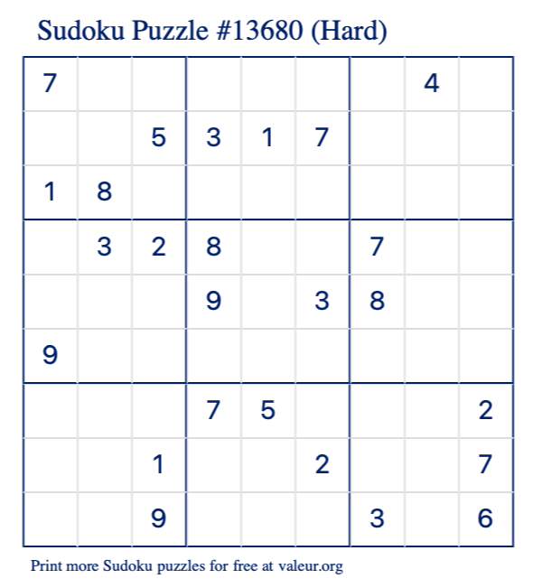 Free Printable Hard Sudoku Puzzle number 13680
