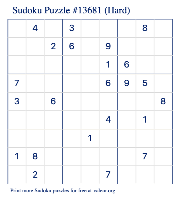 Free Printable Hard Sudoku Puzzle number 13681