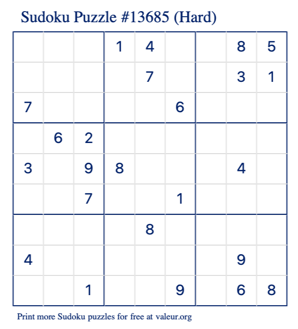 Free Printable Hard Sudoku Puzzle number 13685