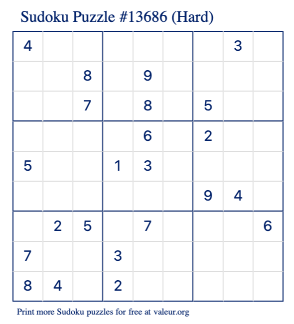 Free Printable Hard Sudoku Puzzle number 13686