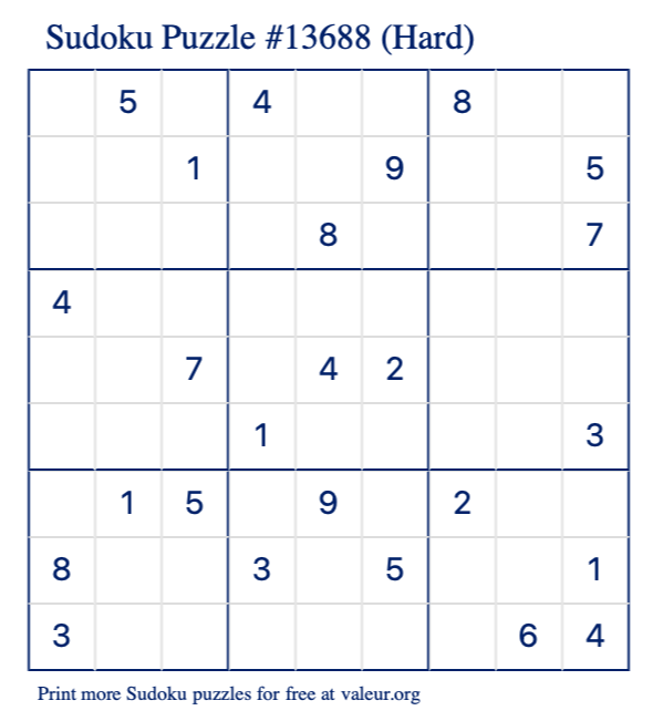 Free Printable Hard Sudoku Puzzle number 13688