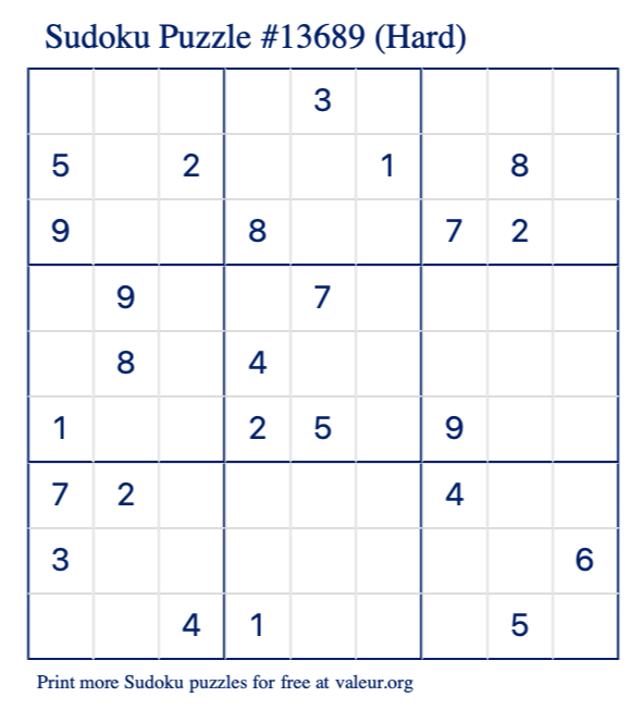 Free Printable Hard Sudoku Puzzle number 13689