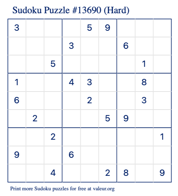 Free Printable Hard Sudoku Puzzle number 13690