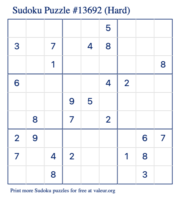 Free Printable Hard Sudoku Puzzle number 13692