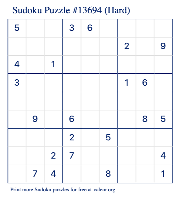 Free Printable Hard Sudoku Puzzle number 13694
