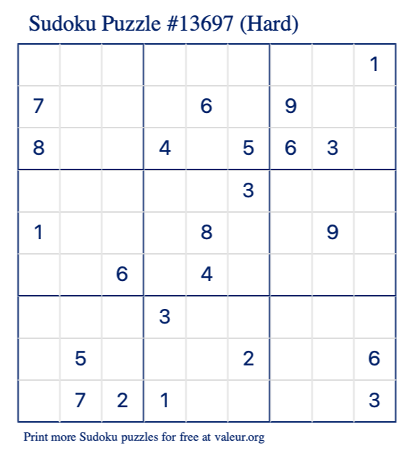 Free Printable Hard Sudoku Puzzle number 13697