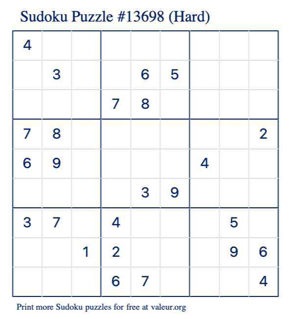 Free Printable Hard Sudoku Puzzle number 13698