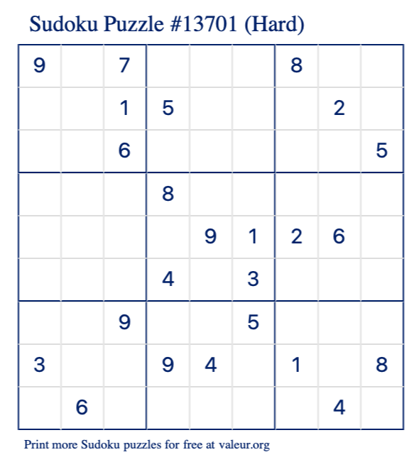 Free Printable Hard Sudoku Puzzle number 13701