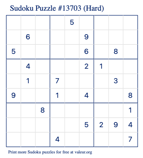 Free Printable Hard Sudoku Puzzle number 13703