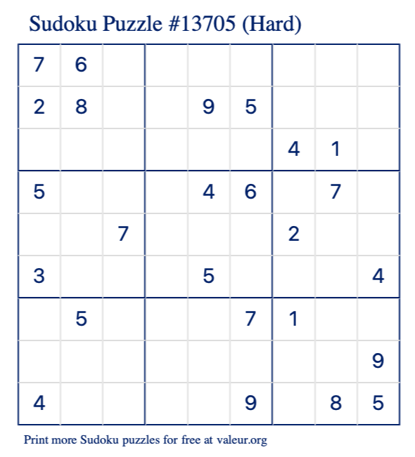 free printable hard sudoku with the answer 13705