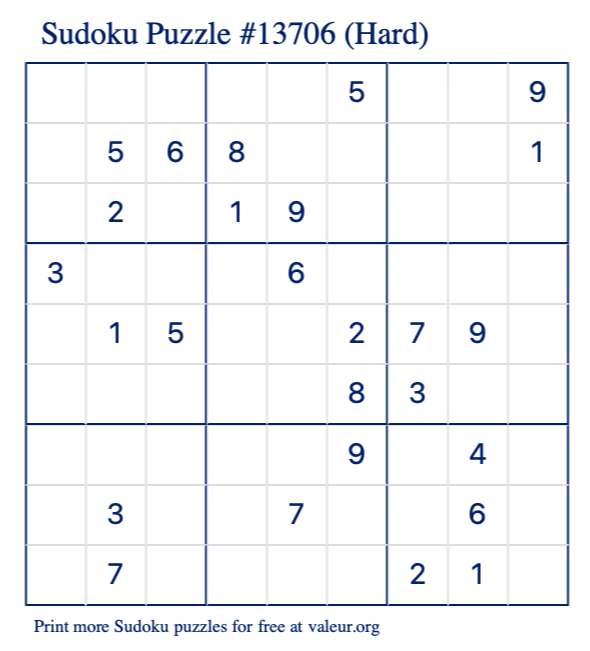 Free Printable Hard Sudoku Puzzle number 13706