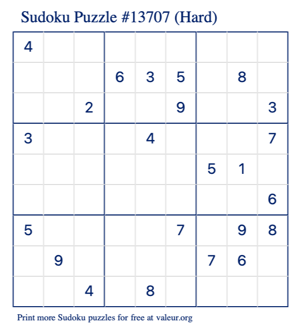Free Printable Hard Sudoku Puzzle number 13707