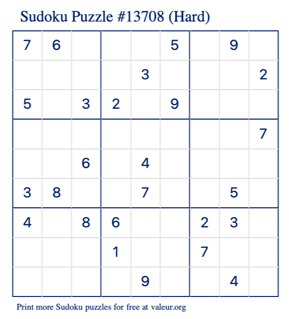 Free Printable Hard Sudoku Puzzle number 13708
