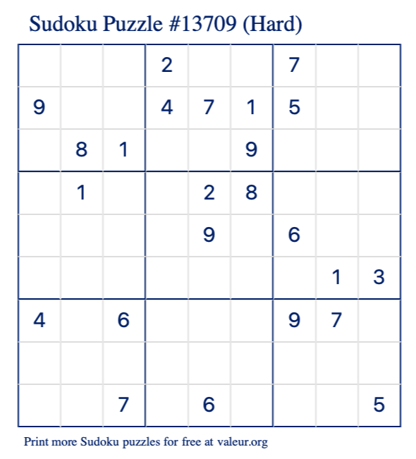 Free Printable Hard Sudoku Puzzle number 13709