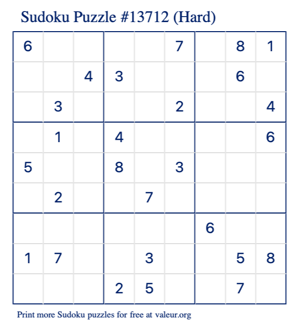 Free Printable Hard Sudoku Puzzle number 13712