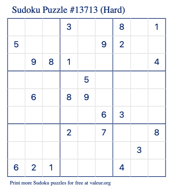 Free Printable Hard Sudoku Puzzle number 13713