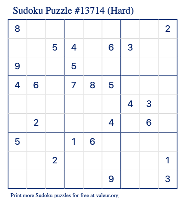 Free Printable Hard Sudoku Puzzle number 13714