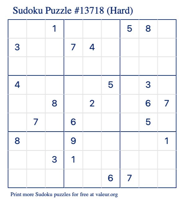 Free Printable Hard Sudoku Puzzle number 13718