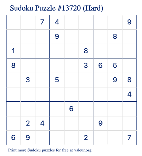 Free Printable Hard Sudoku Puzzle number 13720