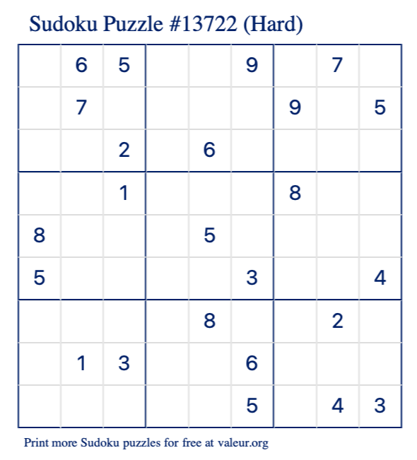Free Printable Hard Sudoku Puzzle number 13722