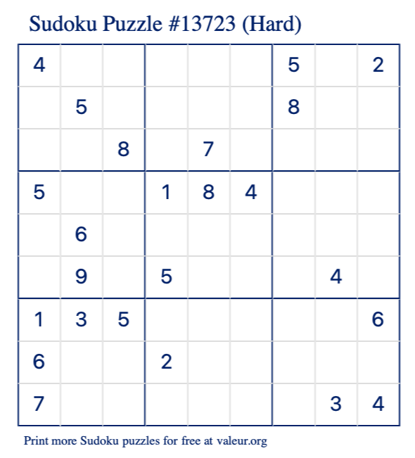 Free Printable Hard Sudoku Puzzle number 13723