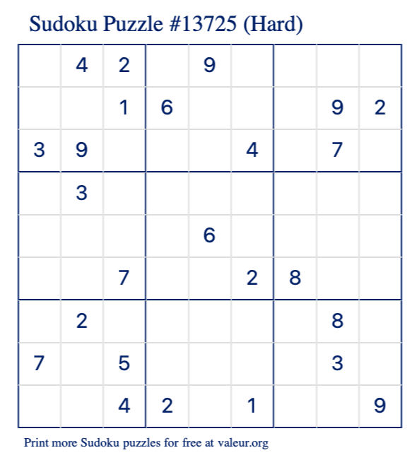 Free Printable Hard Sudoku Puzzle number 13725