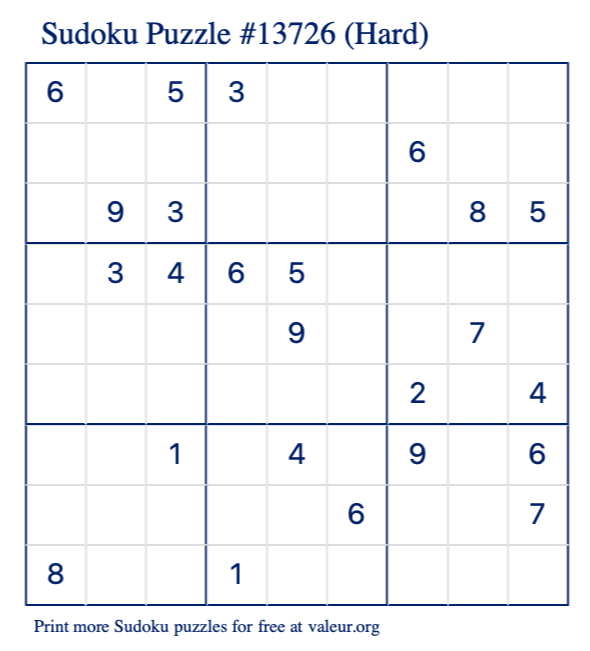Free Printable Hard Sudoku Puzzle number 13726