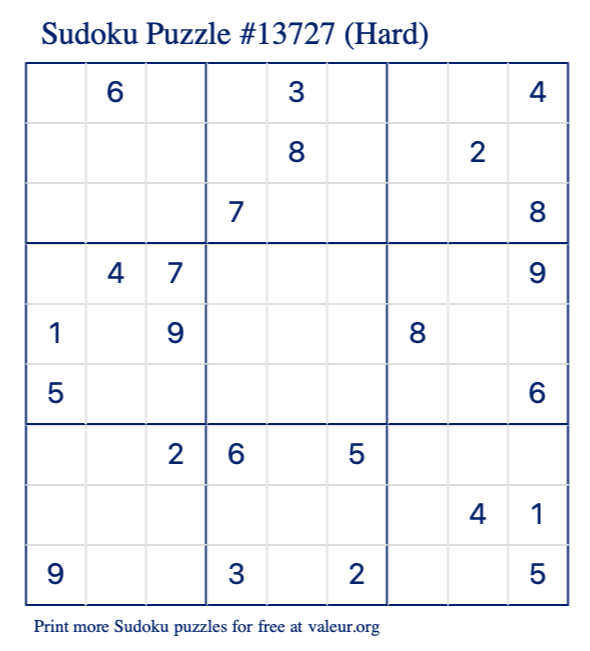 Free Printable Hard Sudoku Puzzle number 13727