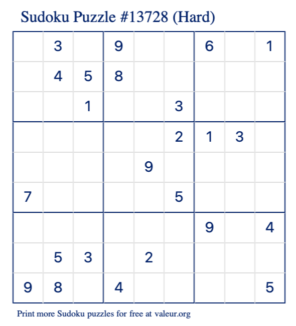 Free Printable Hard Sudoku Puzzle number 13728
