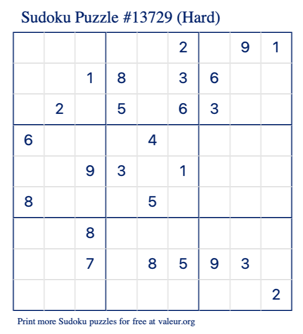 Free Printable Hard Sudoku Puzzle number 13729