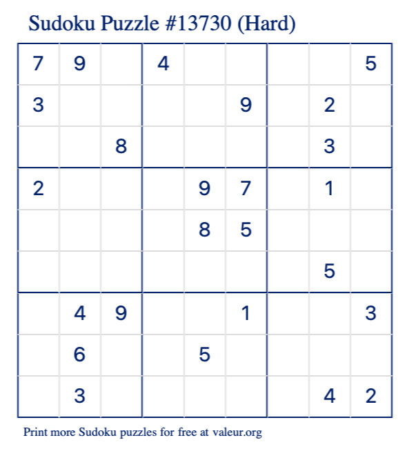 Free Printable Hard Sudoku Puzzle number 13730