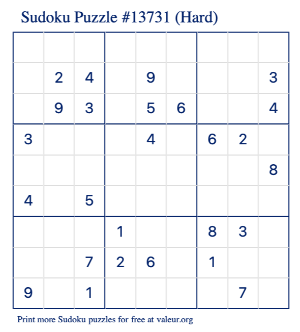 Free Printable Hard Sudoku Puzzle number 13731