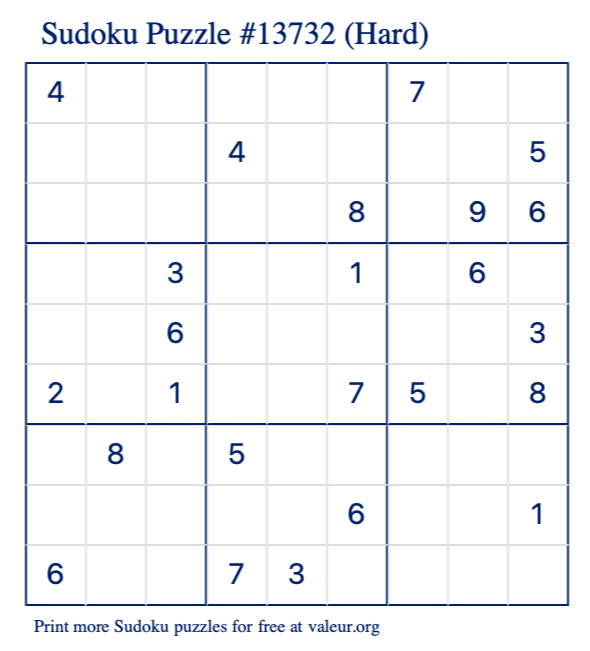 Free Printable Hard Sudoku Puzzle number 13732