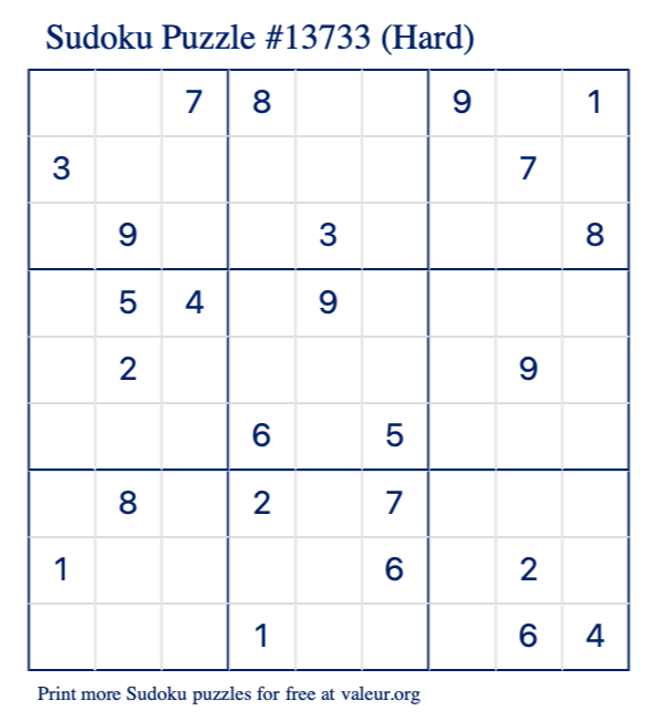Free Printable Hard Sudoku Puzzle number 13733
