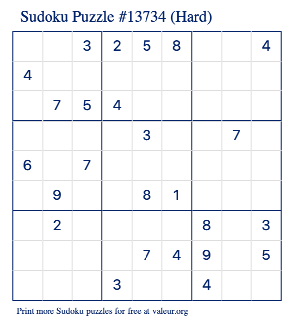 Free Printable Hard Sudoku Puzzle number 13734