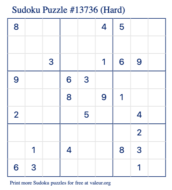 Free Printable Hard Sudoku Puzzle number 13736