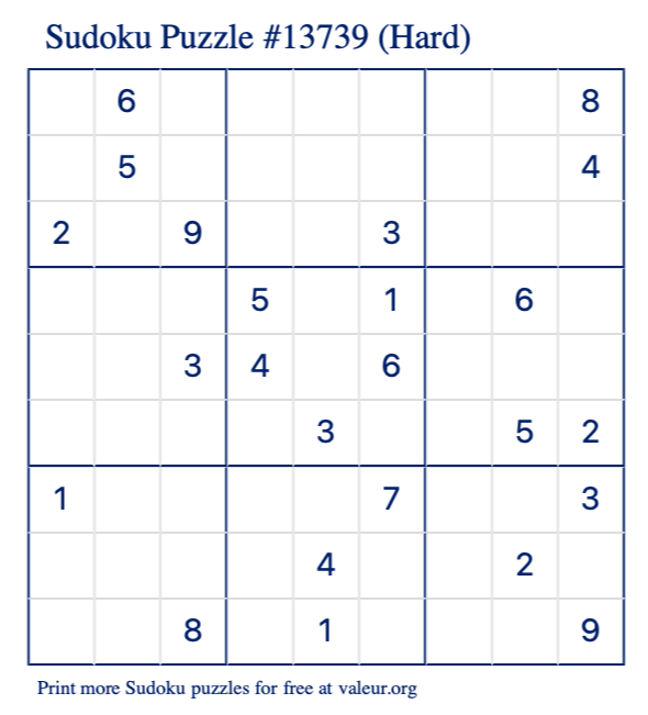 Free Printable Hard Sudoku Puzzle number 13739