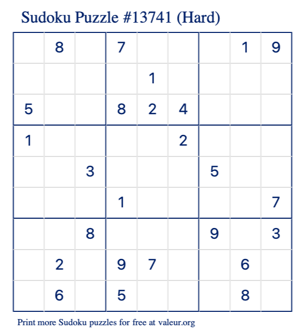 Free Printable Hard Sudoku Puzzle number 13741