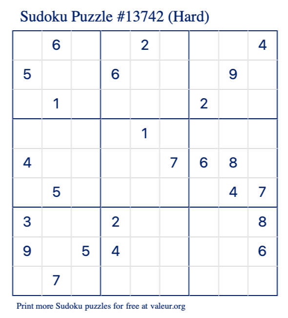Free Printable Hard Sudoku Puzzle number 13742