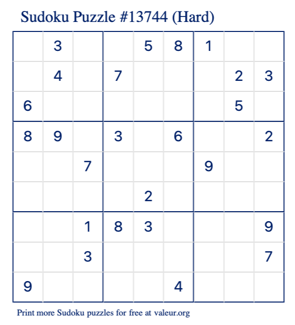 Free Printable Hard Sudoku Puzzle number 13744