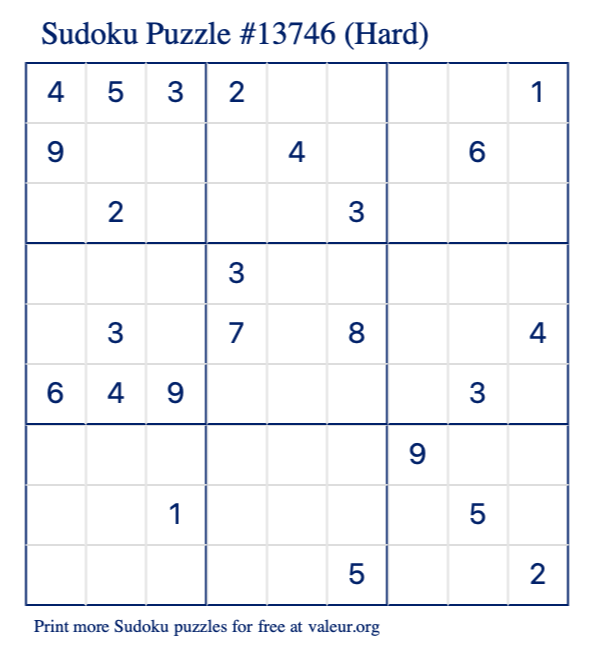 Free Printable Hard Sudoku Puzzle number 13746