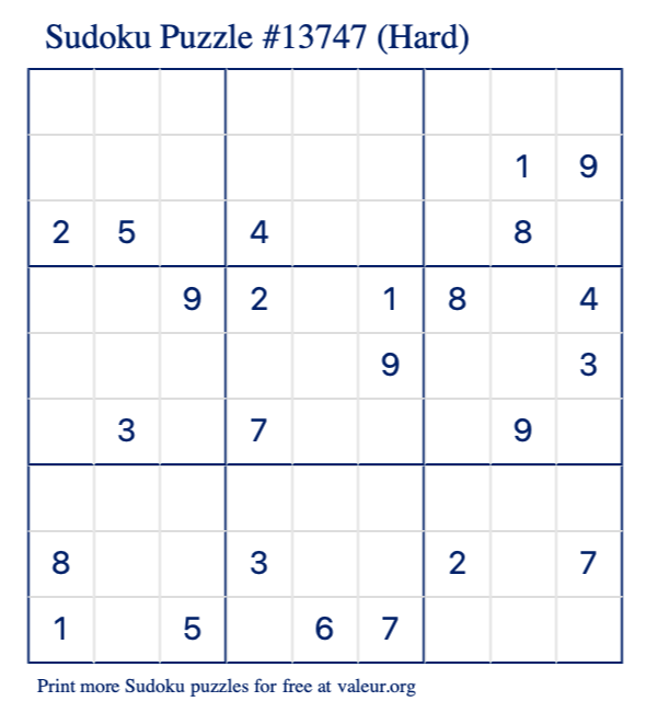 Free Printable Hard Sudoku Puzzle number 13747