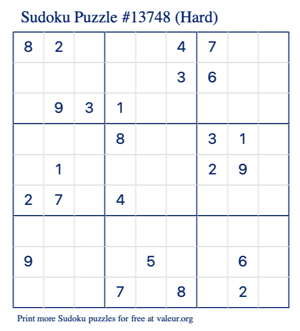 Free Printable Hard Sudoku Puzzle number 13748