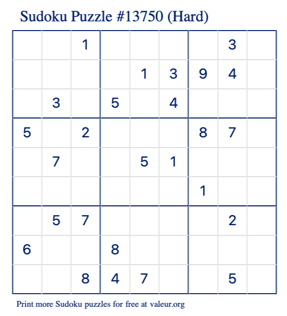 Free Printable Hard Sudoku Puzzle number 13750
